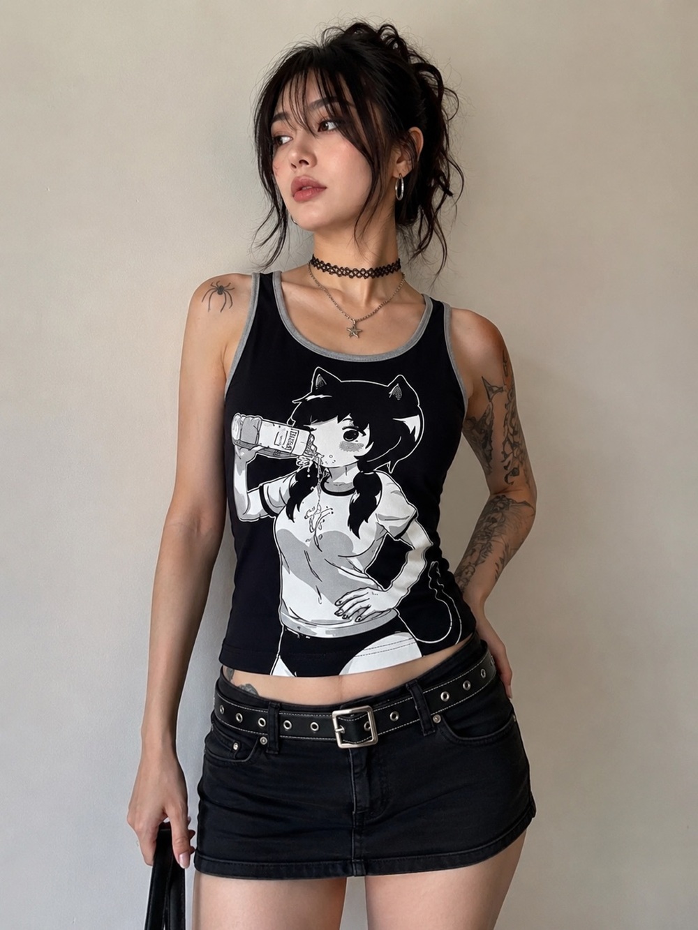 OMOCAT "Milk Girl" Graphic Tank Y2K Anime Catgirl Graphic Ringer Tank Top | OMO